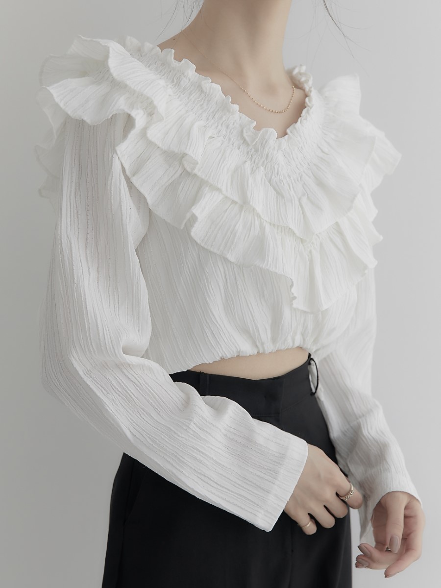 RE ARRIVAL】 ruffle frill blousing blouse / white amel